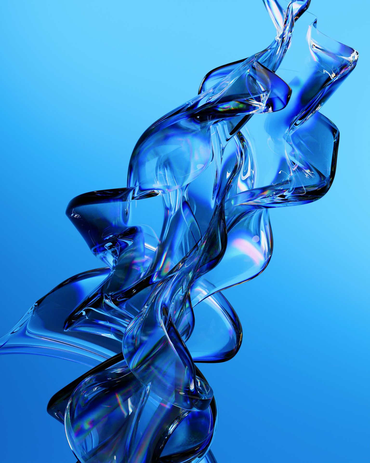 Abstract, flowing blue glass sculpture on a gradient backdrop.